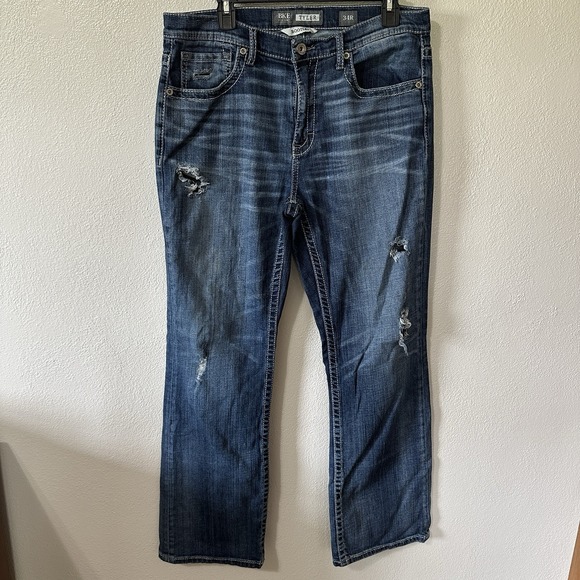 BKE Mens Tyler Bootleg Bootcut Jeans 34Rx32 Blue Denim Medium Wash Cowboy Rodeo